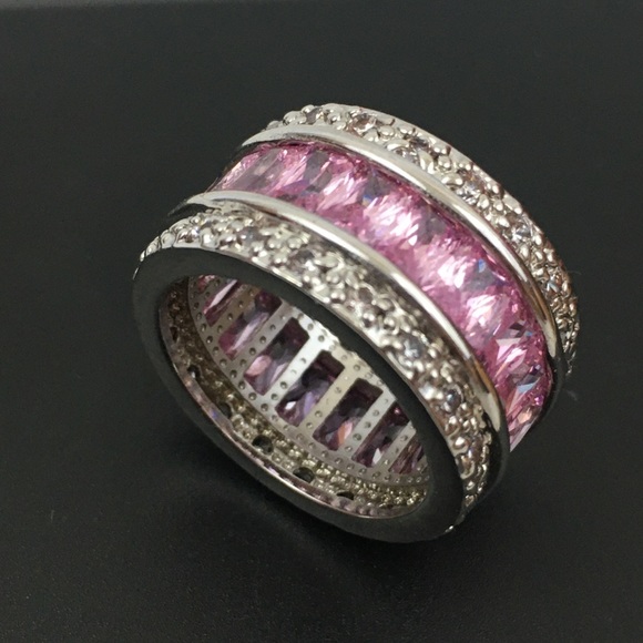 Baguette Paved Ring Pink Silver Size 6 - Picture 7 of 14